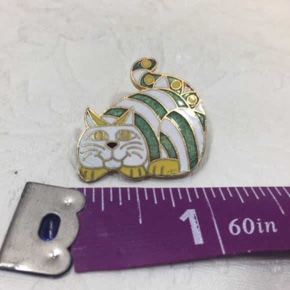VTG Green & White Striped Enamel Cat Pin Yellow & Gold Tone 1" Taiwan - Picture 5 of 7